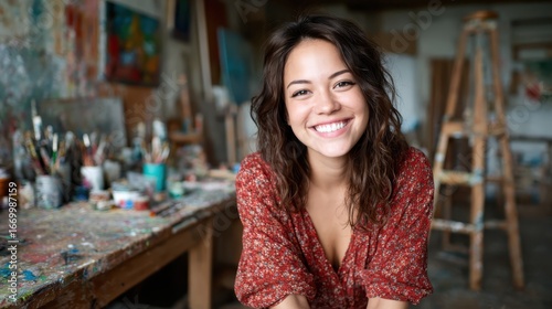 Wallpaper Mural A cheerful artist with a warm smile poses in a vibrant studio filled with colorful art supplies, exuding creativity and passion for artistic expression. Torontodigital.ca