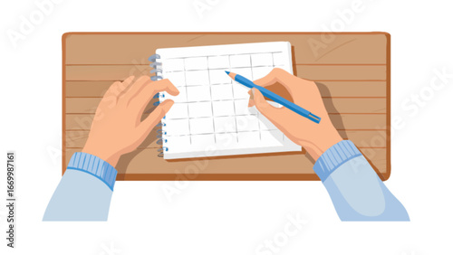 Schedule planning with notebook, organizing tasks and appointments for productivity, writing notes with a blue pen, time management, and achieving goals, vector origin