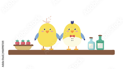 Charming yellow chicks holding hands with cute accessories and fresh snacks, perfect for spring celebrations or whimsical designs, originally a scalable vector graphic