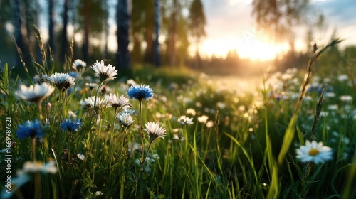 A beautiful early morning scene of sunlit wildflowers in a field, showcasing the peaceful ambiance and the refreshing feeling of a new day surrounded by nature.