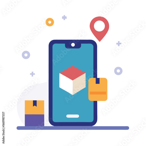 Modern flat vector illustration of a smartphone displaying a parcel tracking application with delivery status updates and map