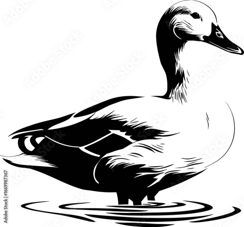 Duck silhouette standing side view, elegant wild bird vector illustration, detailed feather design, waterfowl animal artwork for logo, print, and tattoo