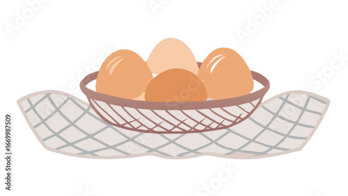 Fresh farm eggs arranged in a rustic basket on a checkered cloth, evoking a feeling of springtime, freshness, and healthy eating perfect for culinary projects and Easter designs