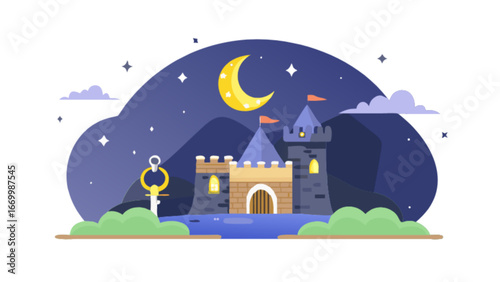 Whimsical castle illustration under a starry night sky with crescent moon, perfect for children's books, fairytales, and fantasy themed projects with a magical key nearby