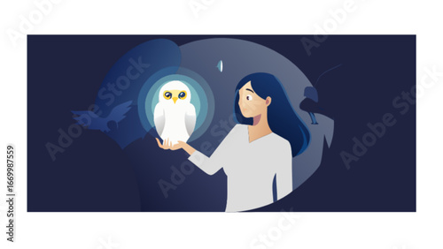 Mystical illustration of a woman holding a wise owl, surrounded by raven shadows, invoking a sense of mystery, magic, and connection with nature, perfect for fantasy book covers