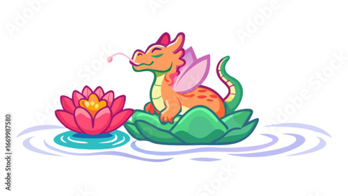 Adorable cartoon dragon with wings rests peacefully on a lily pad beside a vibrant pink lotus flower, perfect for children's books, fantasy games, and whimsical designs
