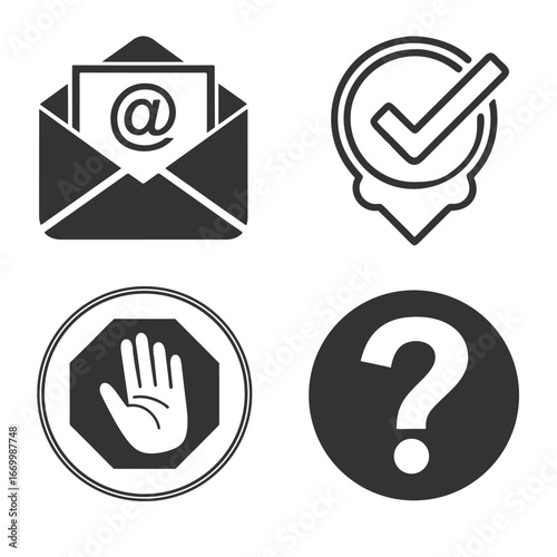 Four distinct red icons isolated on white background representing communication and support
