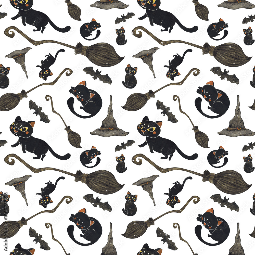 Obraz premium Seamless pattern with black cat, witch broom, hat and bats. Watercolor hand drawn illustration, cartoon. Design for stickers, scrapbooking, cards. holiday, halloween, hat, witch, cat, black, broom