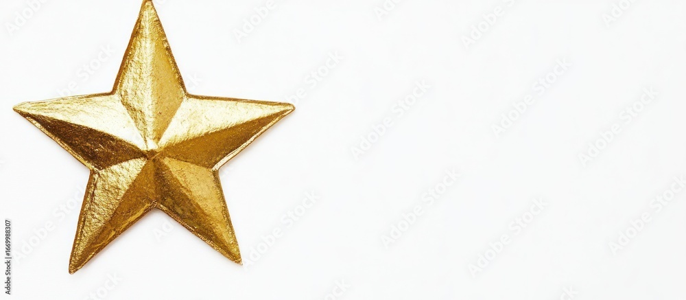 Fototapeta premium A golden, five-pointed star rests against a bright white background, isolated.