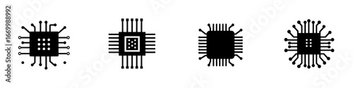 Black and white illustrations of integrated circuits showcasing various designs and connections in a digital style
