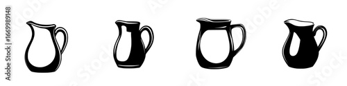 Stylish black and white creamer pitchers arranged in various sizes on a plain background