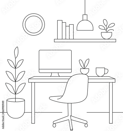 Minimalist office room interior line art