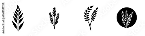 Stylish collection of black silhouettes representing various types of plants and agricultural crops on a white background