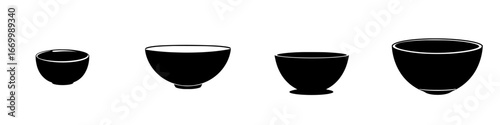 Different sizes of bowls arranged in a row, showcasing various designs and shapes for practical use in a kitchen setting