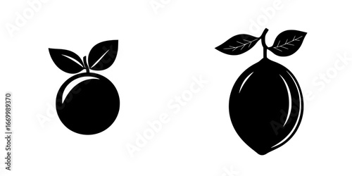 Black silhouette illustrations of an orange and a lemon with leaves on a white background