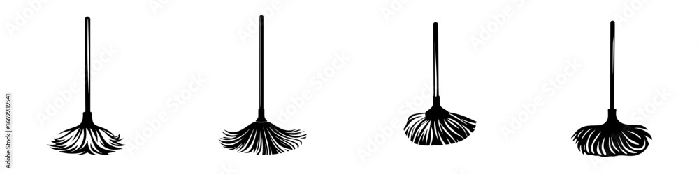 Obraz premium Different types of brooms standing upright against a white background, showcasing their unique designs and bristle styles