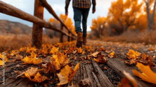 A figure is seen walking along a scenic path blanketed with vibrant autumn leaves, illustrating the beauty and transience of nature during the fall season.