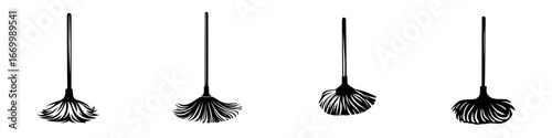 Different types of brooms standing upright against a white background, showcasing their unique designs and bristle styles