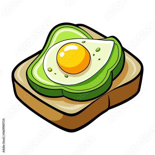 Delicious avocado toast with creamy poached egg vector illustration, healthy breakfast food artwork, minimalist modern brunch design for kitchen and café decor