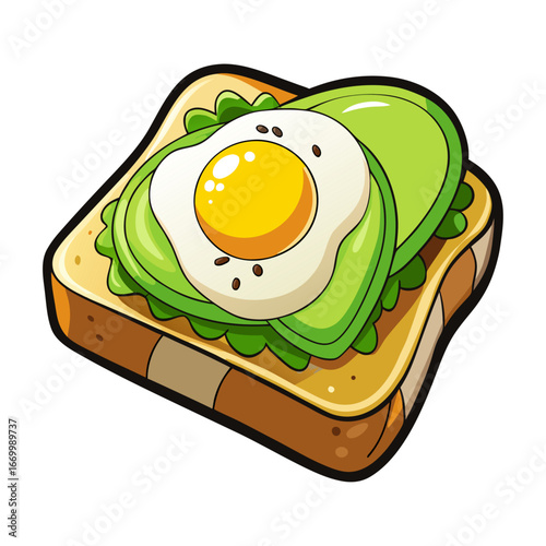 Delicious avocado toast with creamy poached egg vector illustration, healthy breakfast food artwork, minimalist modern brunch design for kitchen and café decor