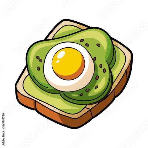 Delicious avocado toast with creamy poached egg vector illustration, healthy breakfast food artwork, minimalist modern brunch design for kitchen and café decor