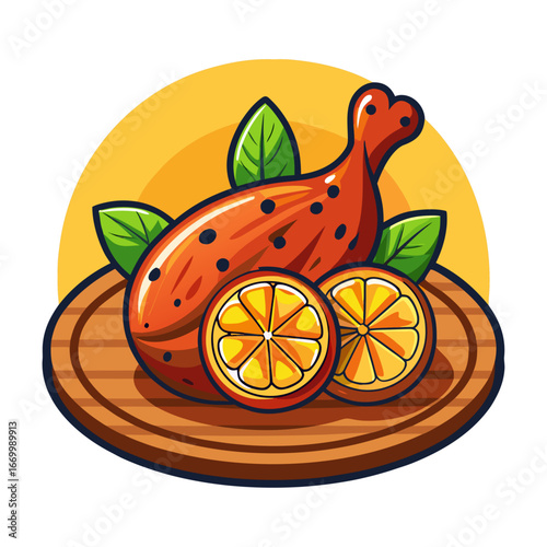 Delicious Tandoori Chicken Vector on Wooden Plate with Fresh Lemon Wedges – Authentic Indian Cuisine Food Illustration for Restaurant Menu Design