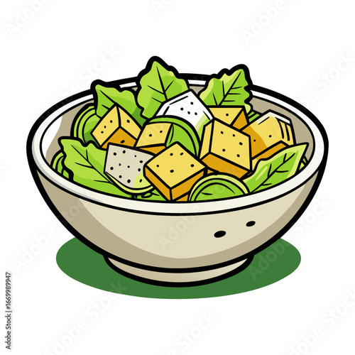 Fresh Caesar salad vector illustration with parmesan cheese, crunchy croutons, lettuce greens, healthy food design, restaurant menu decoration artwork