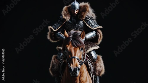 Medieval Warrior in Armor Riding Horse with Fur Cloak