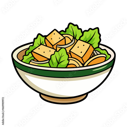 Fresh Caesar salad vector illustration with parmesan cheese, crunchy croutons, lettuce greens, healthy food design, restaurant menu decoration artwork