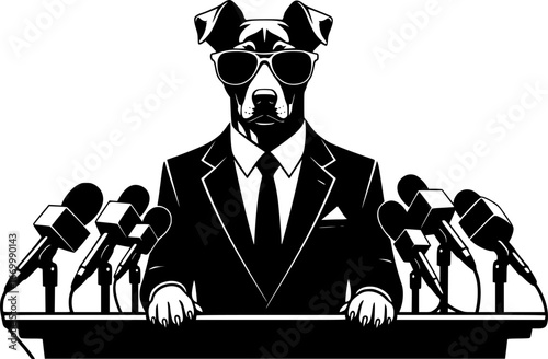Dog in a suit giving a press conference, black and white silhouette vector on a white background
