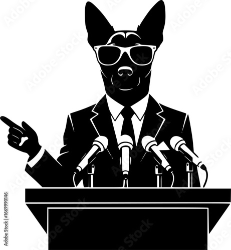 Dog in a suit giving a press conference, black and white silhouette vector on a white background