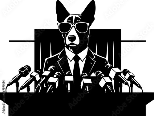 Dog in a suit giving a press conference, black and white silhouette vector on a white background