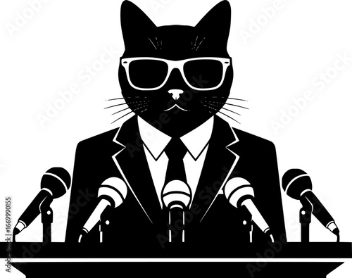 Cat in a suit and sunglasses giving press conference, Black and white silhouette vector on a white background