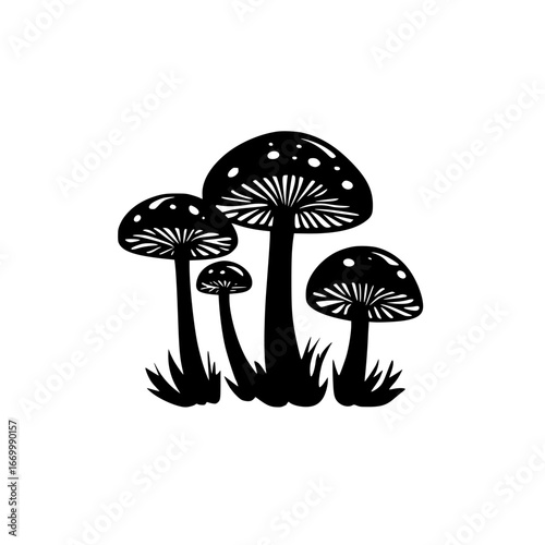 Forest mushrooms grow in clusters, showcasing their unique shapes and details under soft natural light near a woodland area
