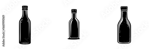 Dark glass bottles lined up, showcasing a minimalist design against a plain background
