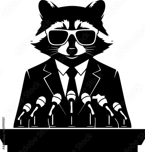 Raccoon in a suit giving a press conference, Black and White vector silhouette on a white background