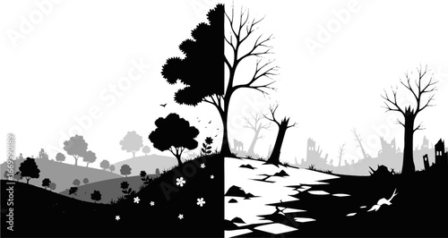 A stark Illustration of Earth's Divided Destiny: An illustrative dichotomy reveals Earth's contrasting futures, with a thriving, verdant half juxtaposed against a polluted industrial landscape