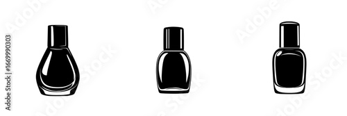 Black nail polish bottles arranged in a row showcasing different shapes and designs for contemporary nail art enthusiasts