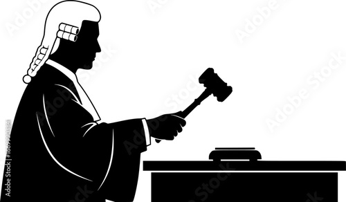 A judge hitting with his gravel, black and white vector silhouette on a.white background