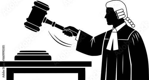 A judge hitting with his gravel, black and white vector silhouette on a.white background