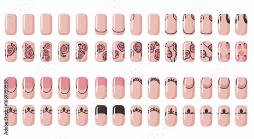 Variety of pink and nude nail designs on artificial nails  