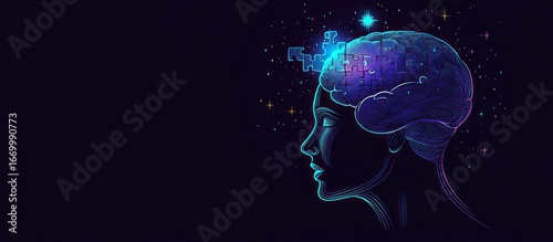 A stylized illustration depicting a human profile with a glowing brain, representing thought and creativity.