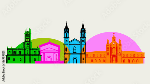 Colorful cityscape illustration featuring various buildings and churches in a vibrant style