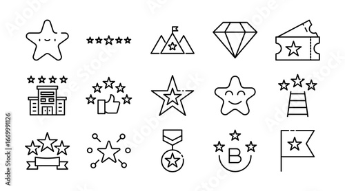 Star linear icon set. Ratings, favorites, awards, achievements, sparkles, highlights, space, decoration, shapes, symbols, navigation, vector icon set. UI thin line icon pack