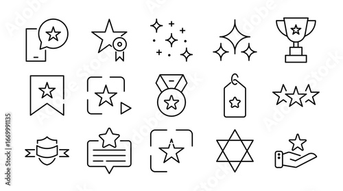 Star linear icon set. Ratings, favorites, awards, achievements, sparkles, highlights, space, decoration, shapes, symbols, navigation, vector icon set. UI thin line icon pack