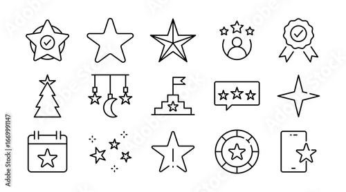 Star linear icon set. Ratings, favorites, awards, achievements, sparkles, highlights, space, decoration, shapes, symbols, navigation, vector icon set. UI thin line icon pack