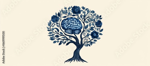 A stylized illustration depicts a brain within a tree, symbolizing intellect and growth.
