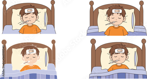 Sick child, fever symptoms, thermometer check, pediatric care, illness recovery, healthcare concept, sleeping kid, flu treatment, home care, medical attention