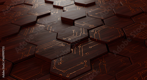 Elegant textured surface of interlocking wooden hexagons with illuminated copper circuit patterns, a digital backdrop.