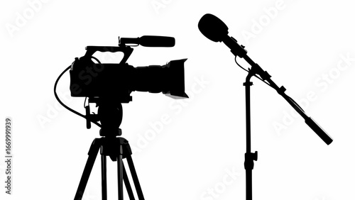 Silhouette of a video camera on a tripod and a microphone on a stand in a stark white background